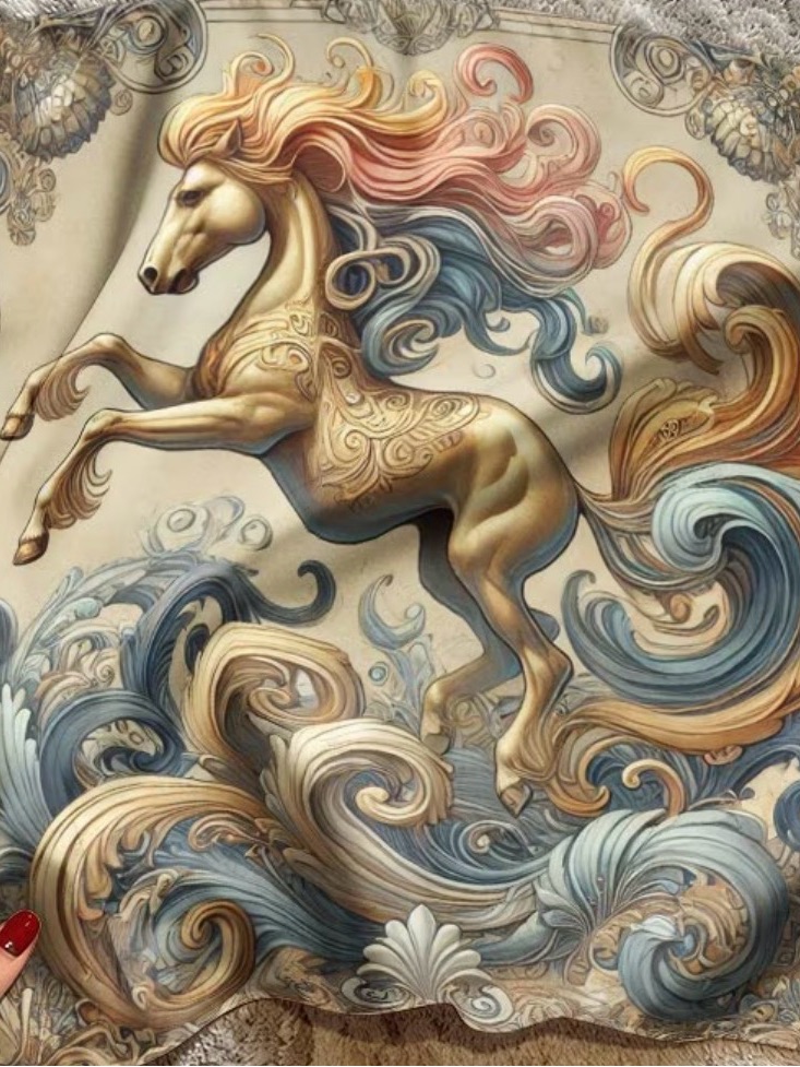 Elegant Golden Horse Silky Scarf In Multicolor Pastel Waves 27.5”